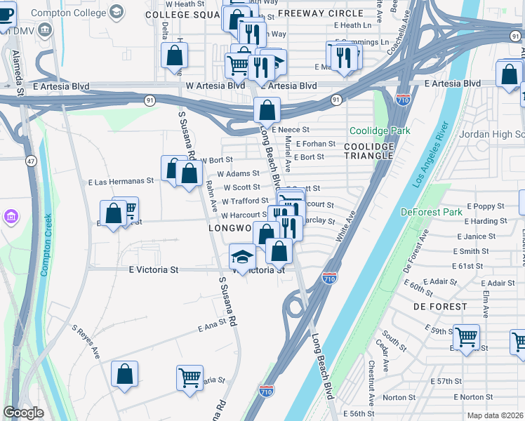 map of restaurants, bars, coffee shops, grocery stores, and more near 11 West Trafford Street in Long Beach