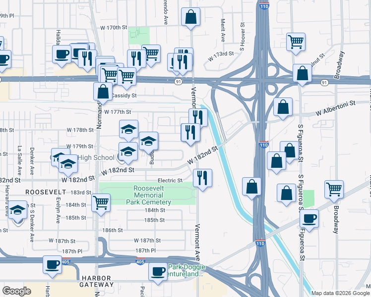 map of restaurants, bars, coffee shops, grocery stores, and more near 230 Amethyst Circle in Gardena