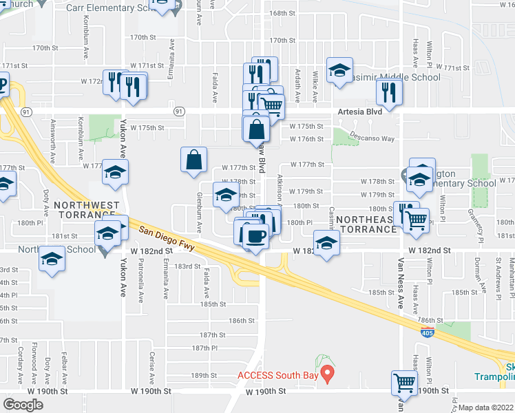 map of restaurants, bars, coffee shops, grocery stores, and more near 3119 West 179th Street in Torrance