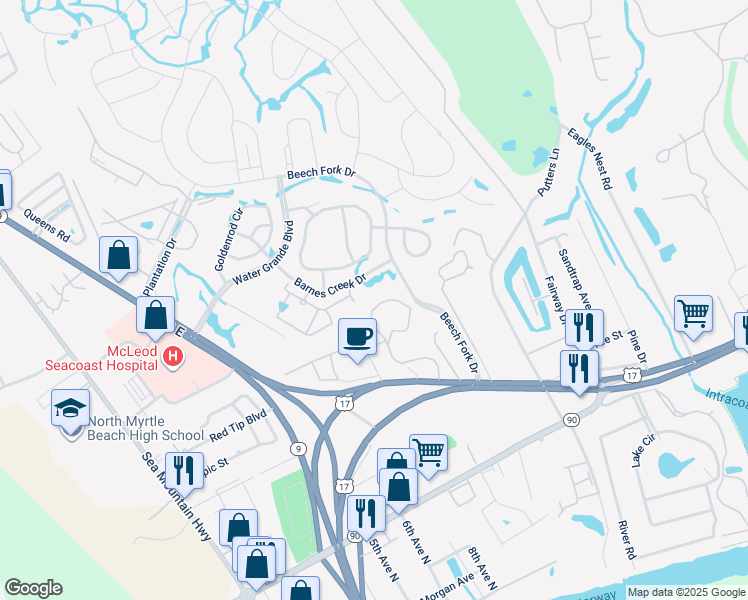 map of restaurants, bars, coffee shops, grocery stores, and more near 4498 Little River Inn Lane in Little River