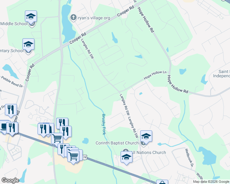 map of restaurants, bars, coffee shops, grocery stores, and more near 653 Hope Hollow Lane in Loganville