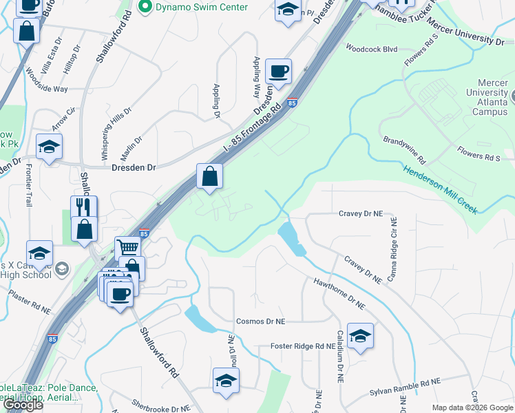 map of restaurants, bars, coffee shops, grocery stores, and more near 3051 Colonial Way in Atlanta