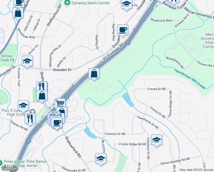 map of restaurants, bars, coffee shops, grocery stores, and more near 3107 Colonial Way in Chamblee
