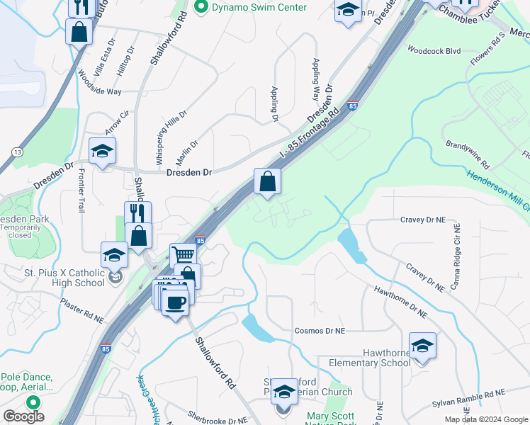 map of restaurants, bars, coffee shops, grocery stores, and more near 3075 Colonial Way in Atlanta