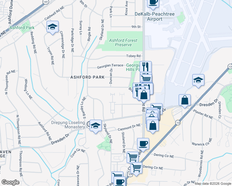 map of restaurants, bars, coffee shops, grocery stores, and more near 2829 Dornton Way in Atlanta