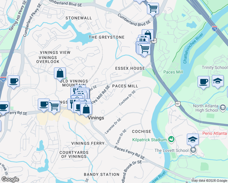 map of restaurants, bars, coffee shops, grocery stores, and more near 3130 Paces Mill Road Southeast in Atlanta