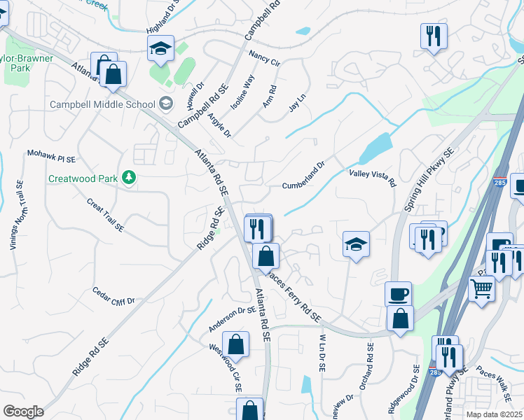 map of restaurants, bars, coffee shops, grocery stores, and more near 2187 Elmont Way in Smyrna