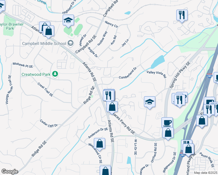 map of restaurants, bars, coffee shops, grocery stores, and more near 2179 Elmont Way in Smyrna