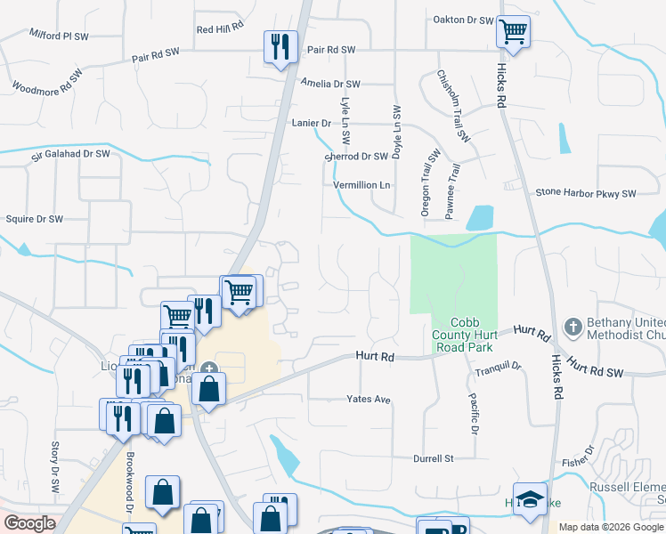 map of restaurants, bars, coffee shops, grocery stores, and more near 3708 Majestic Drive Southwest in Marietta