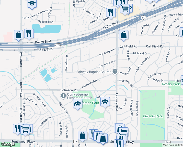 map of restaurants, bars, coffee shops, grocery stores, and more near 4611 Coronado Avenue in Wichita Falls