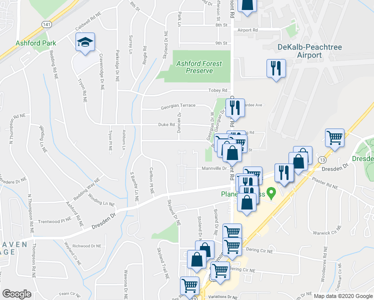 map of restaurants, bars, coffee shops, grocery stores, and more near 2829 Dornton Way in Atlanta