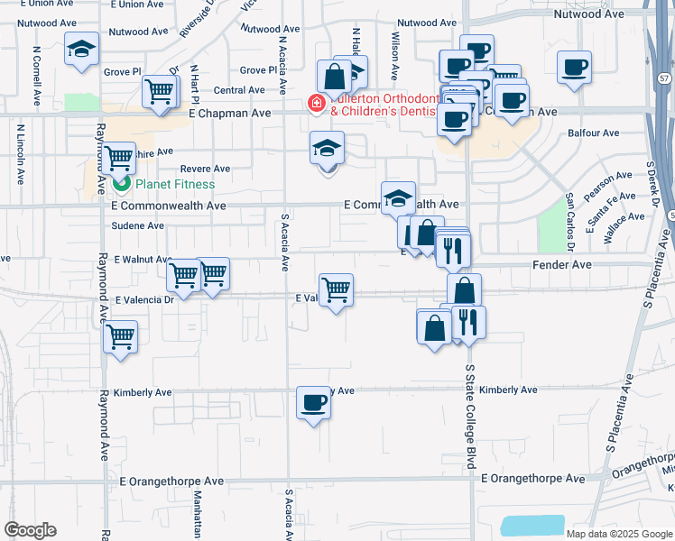 map of restaurants, bars, coffee shops, grocery stores, and more near 315 South Hale Avenue in Fullerton