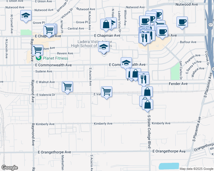 map of restaurants, bars, coffee shops, grocery stores, and more near 315 South Hale Avenue in Fullerton