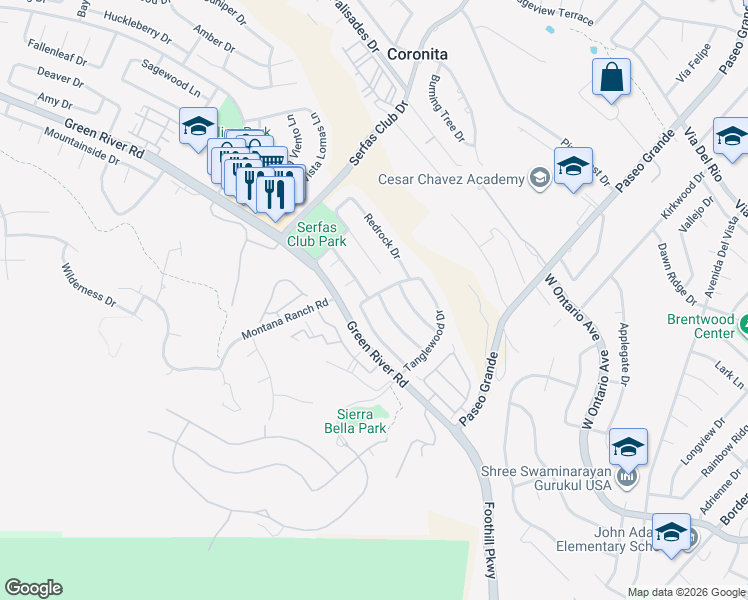 map of restaurants, bars, coffee shops, grocery stores, and more near 2380 Bloomfield Lane in Corona