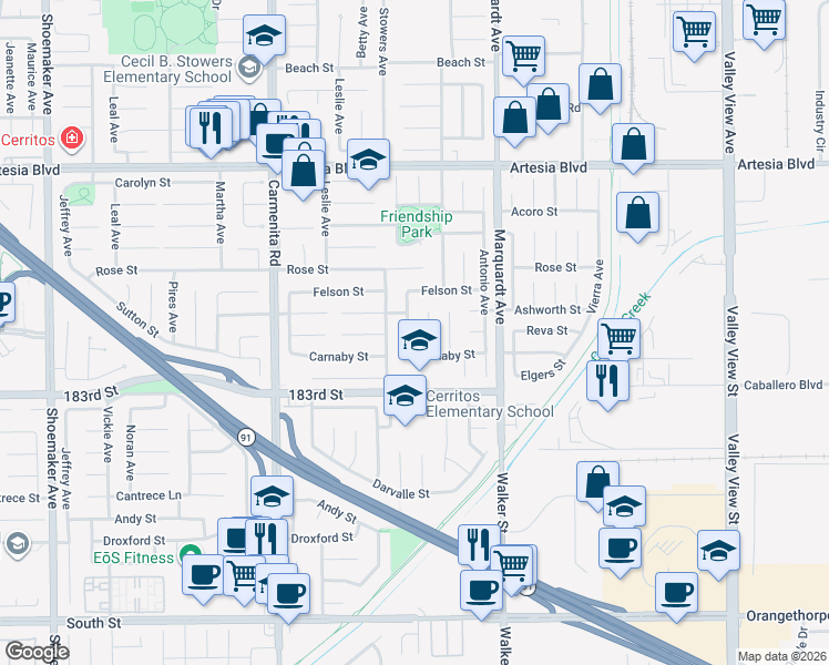map of restaurants, bars, coffee shops, grocery stores, and more near 17920 Newbrook Avenue in Cerritos