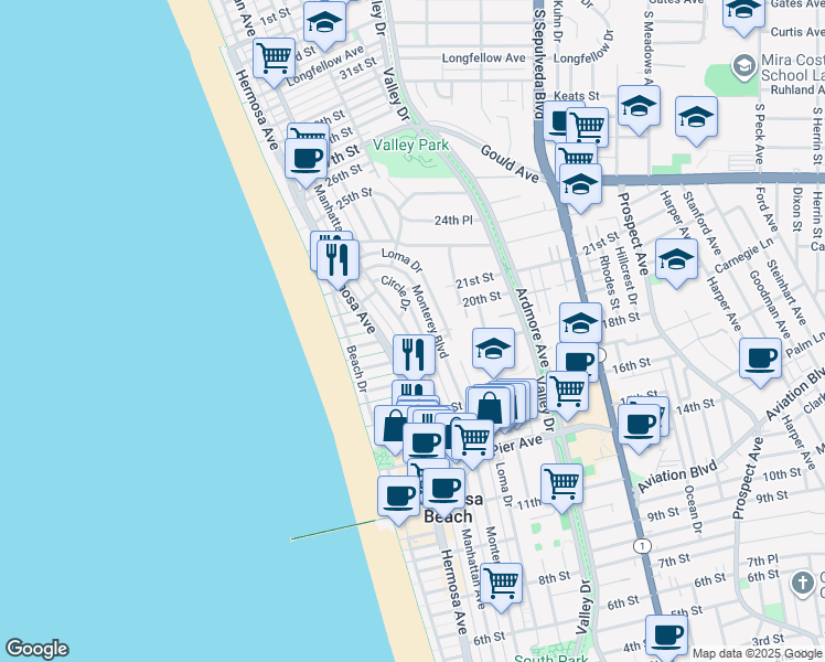 map of restaurants, bars, coffee shops, grocery stores, and more near 1926 Manhattan Avenue in Hermosa Beach