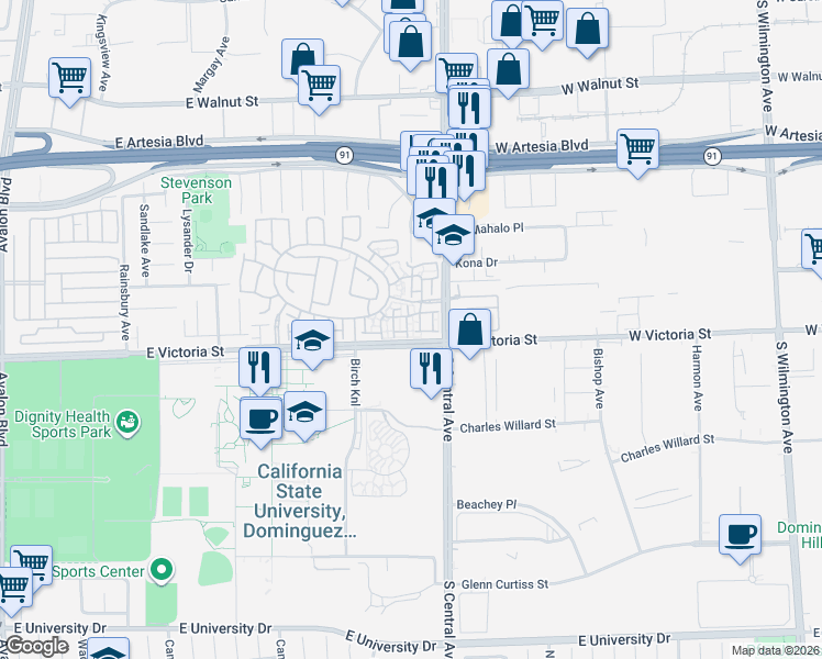 map of restaurants, bars, coffee shops, grocery stores, and more near 17824 Elm Court in Carson