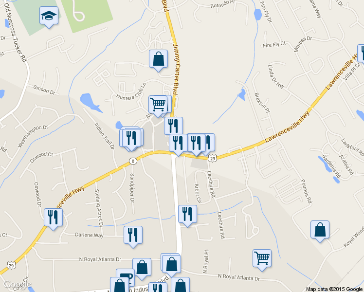 map of restaurants, bars, coffee shops, grocery stores, and more near 4135 Jimmy Carter Boulevard in Norcross