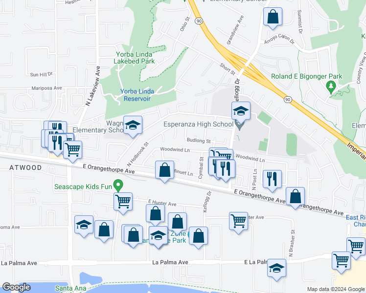 map of restaurants, bars, coffee shops, grocery stores, and more near 18571 Woodwind Lane in Anaheim