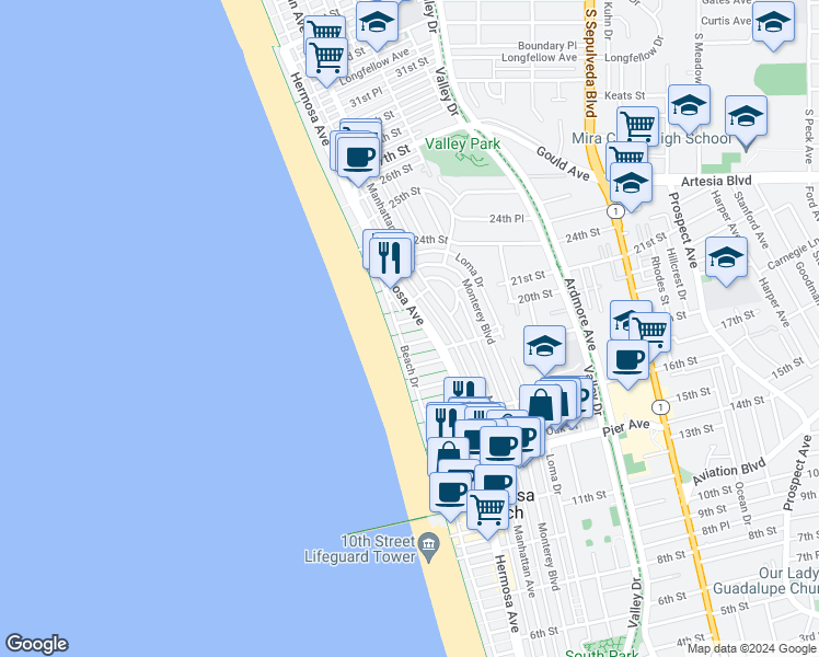 map of restaurants, bars, coffee shops, grocery stores, and more near 37 20th Street in Hermosa Beach