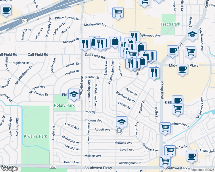 map of restaurants, bars, coffee shops, grocery stores, and more near 4302 Featherston Avenue in Wichita Falls