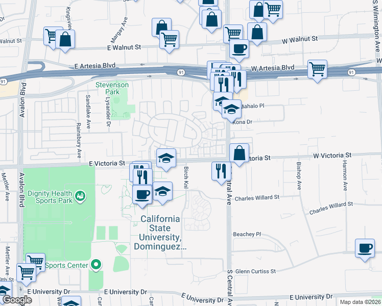 map of restaurants, bars, coffee shops, grocery stores, and more near 17800 Olive Court in Carson