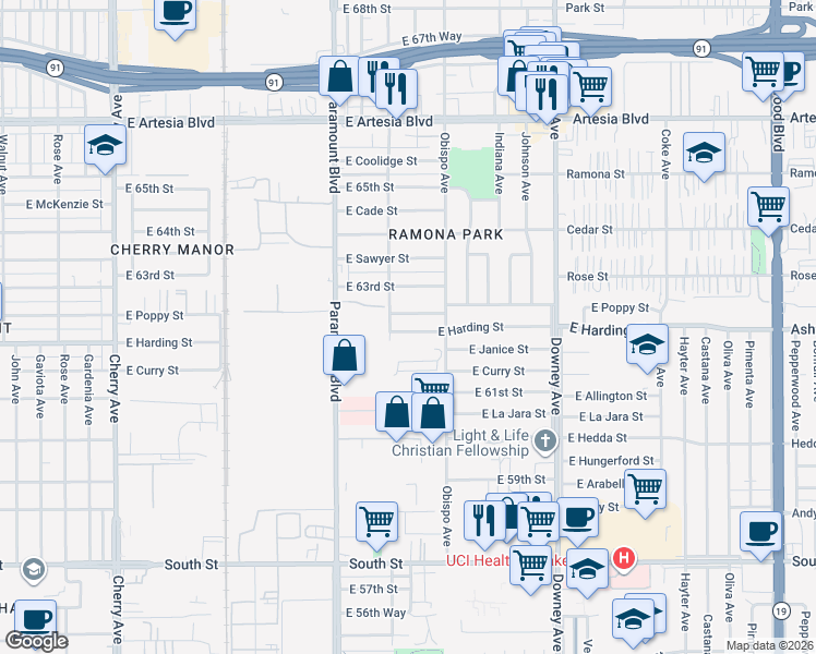 map of restaurants, bars, coffee shops, grocery stores, and more near 3123 East Poppy Street in Long Beach