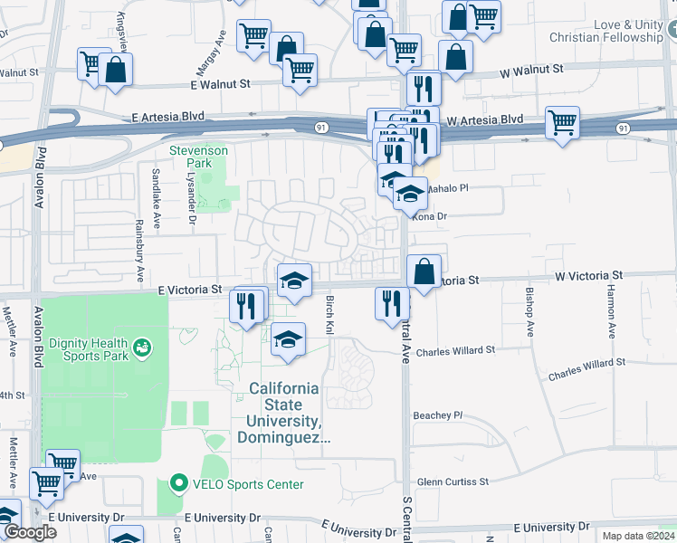 map of restaurants, bars, coffee shops, grocery stores, and more near 17800 Olive Court in Carson