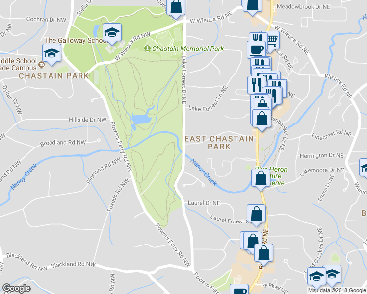 map of restaurants, bars, coffee shops, grocery stores, and more near 4159 Lake Forrest Drive Northeast in Atlanta