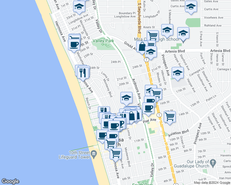 map of restaurants, bars, coffee shops, grocery stores, and more near 1908 Loma Drive in Hermosa Beach