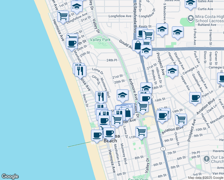 map of restaurants, bars, coffee shops, grocery stores, and more near 1908 Loma Drive in Hermosa Beach