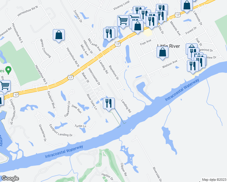 map of restaurants, bars, coffee shops, grocery stores, and more near 4447 Barcelona Lane in Little River