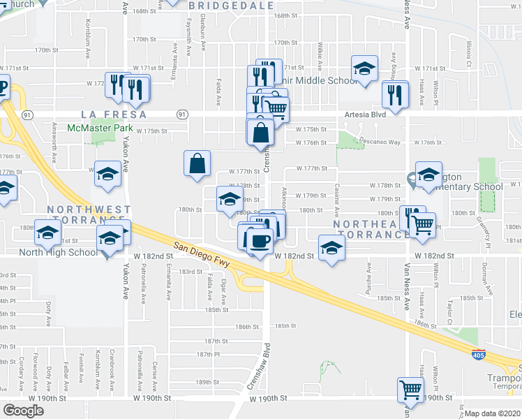 map of restaurants, bars, coffee shops, grocery stores, and more near 17925 Crenshaw Boulevard in Torrance