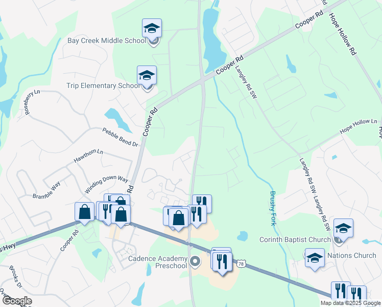 map of restaurants, bars, coffee shops, grocery stores, and more near 2855 Rosebud Road in Loganville