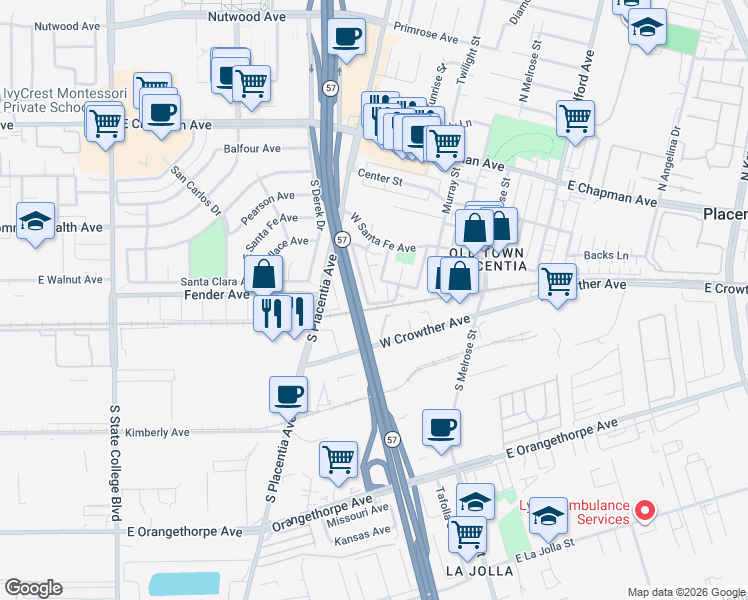 map of restaurants, bars, coffee shops, grocery stores, and more near in Placentia