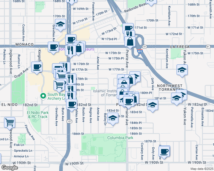 map of restaurants, bars, coffee shops, grocery stores, and more near 4106 179th Street in Torrance
