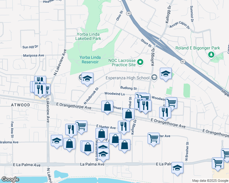 map of restaurants, bars, coffee shops, grocery stores, and more near 18531 Woodwind Lane in Anaheim