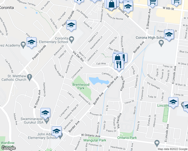 map of restaurants, bars, coffee shops, grocery stores, and more near 1502 Camelot Drive in Corona