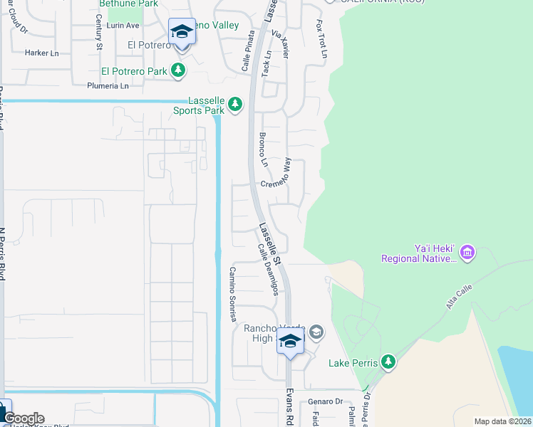 map of restaurants, bars, coffee shops, grocery stores, and more near 17395 Kentuc Derby Drive in Moreno Valley