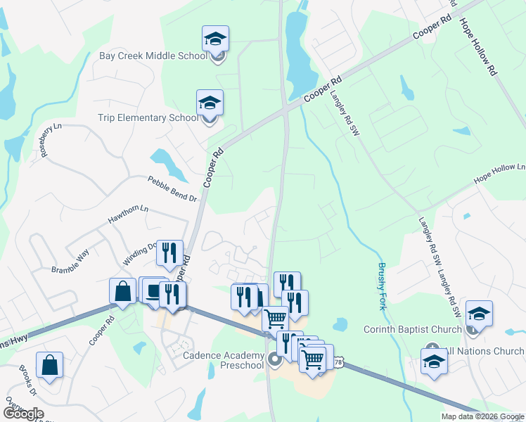 map of restaurants, bars, coffee shops, grocery stores, and more near 2855 Rosebud Road in Loganville
