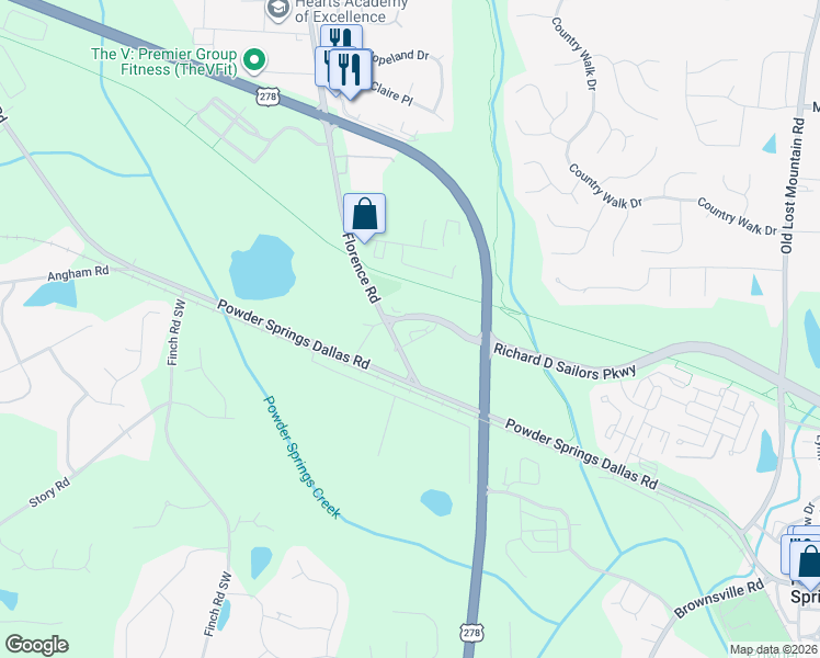 map of restaurants, bars, coffee shops, grocery stores, and more near 3500 Trillium Drive in Powder Springs