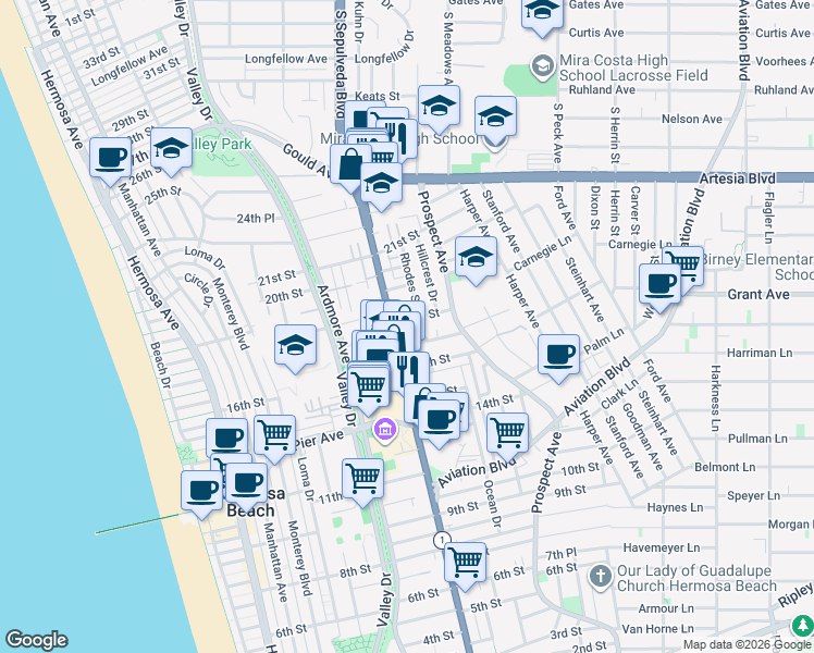 map of restaurants, bars, coffee shops, grocery stores, and more near 826 18th Street in Hermosa Beach