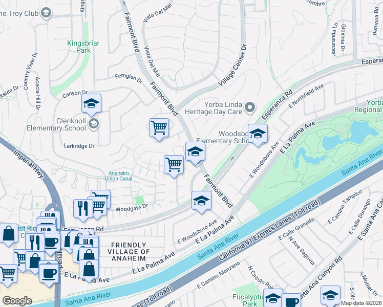 map of restaurants, bars, coffee shops, grocery stores, and more near 20476 Elm Hill Lane in Yorba Linda