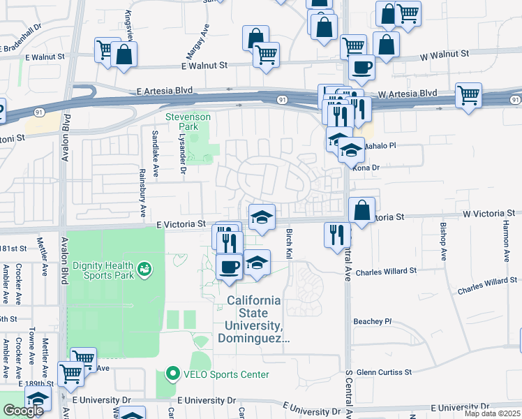 map of restaurants, bars, coffee shops, grocery stores, and more near 17831 Hazelwood Court in Carson