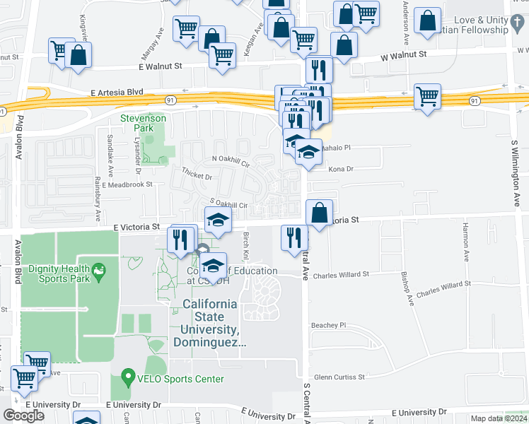 map of restaurants, bars, coffee shops, grocery stores, and more near 17810 Pine Court in Carson