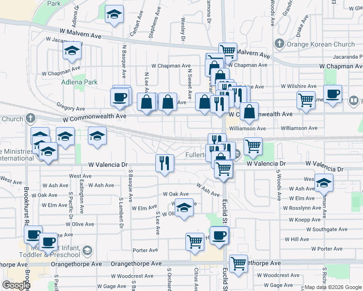 map of restaurants, bars, coffee shops, grocery stores, and more near 1148 Williamson Avenue in Fullerton