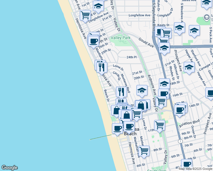 map of restaurants, bars, coffee shops, grocery stores, and more near 37 20th Street in Hermosa Beach