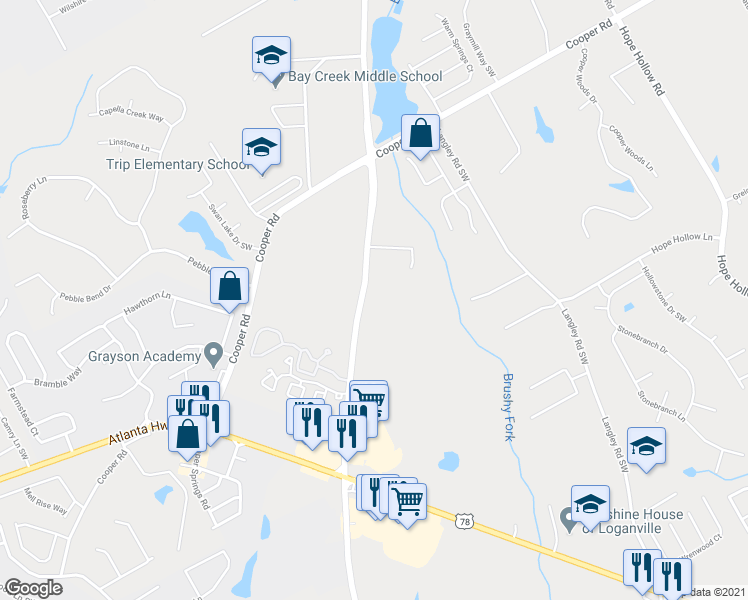 map of restaurants, bars, coffee shops, grocery stores, and more near 2848 Rosebud Road in Loganville