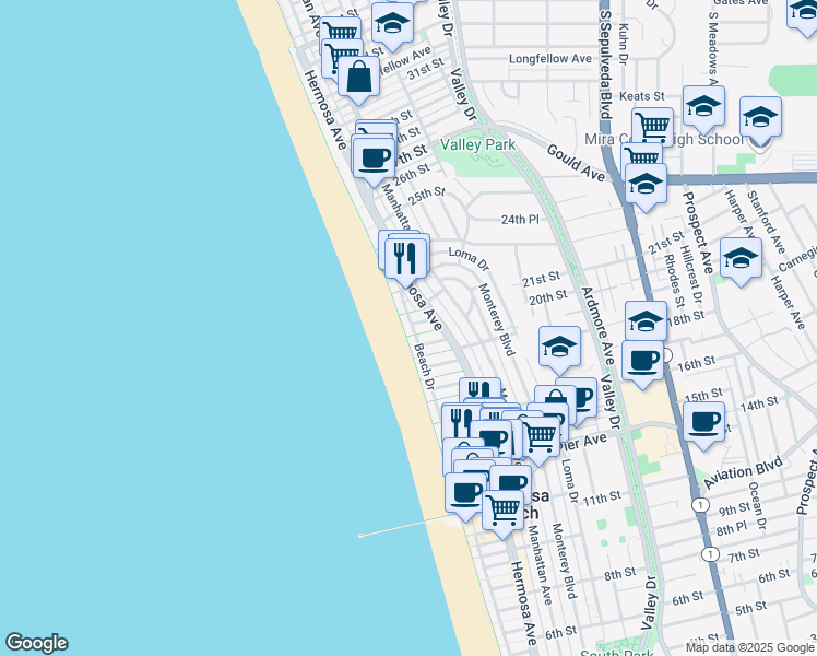 map of restaurants, bars, coffee shops, grocery stores, and more near 2014 The Strand in Hermosa Beach