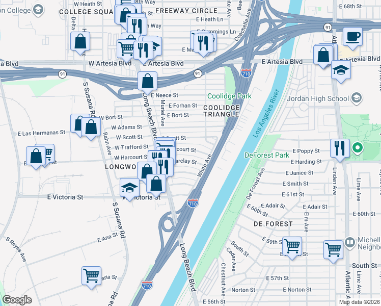 map of restaurants, bars, coffee shops, grocery stores, and more near 197 East Harcourt Street in Long Beach